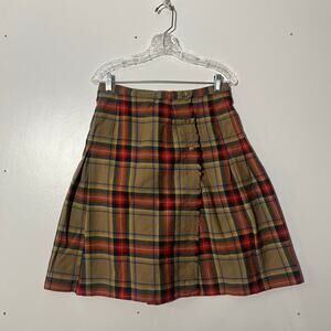 Vintage Aljean Kilt Plaid Tan Academia Virgin Wool Pleated Skirt Women’s Size 14